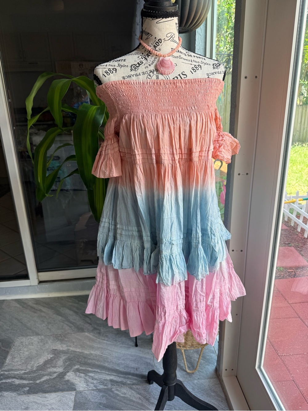 Off-Shoulder Ombre Pink and Blue Tiered Dress